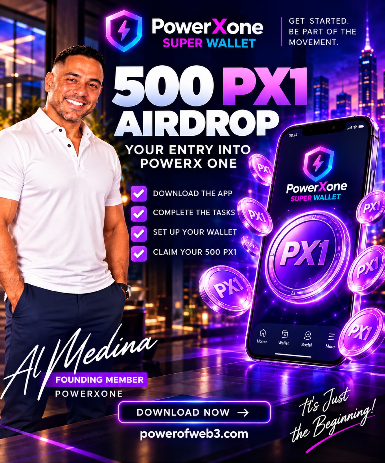 500 PX1 Airdrop — your entry into Power X One. Download the app, complete the tasks, set up your wallet, claim your 500 PX1.